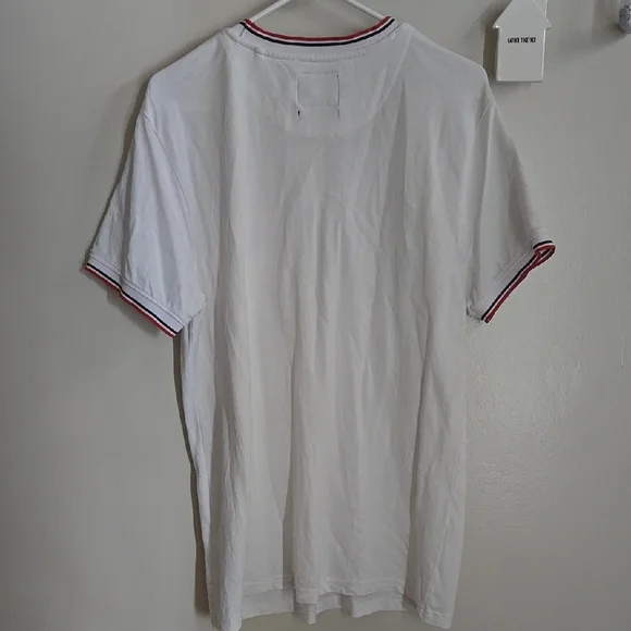 Men's White Short Sleeve Shirt With Red And Blue Stiped Cuffs - Picture 6 of 7